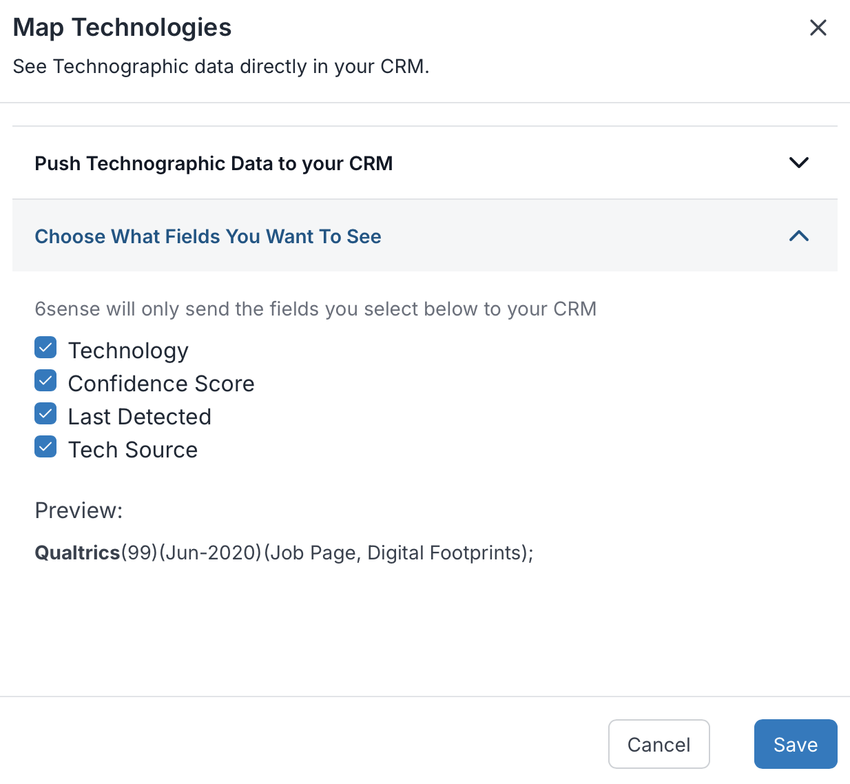 Mapping technographic data fields for CRM integration with selected options displayed.